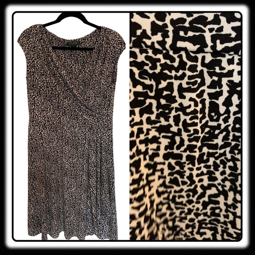 Lauren Black & Ivory patterned dress with V-Neck Sz 14